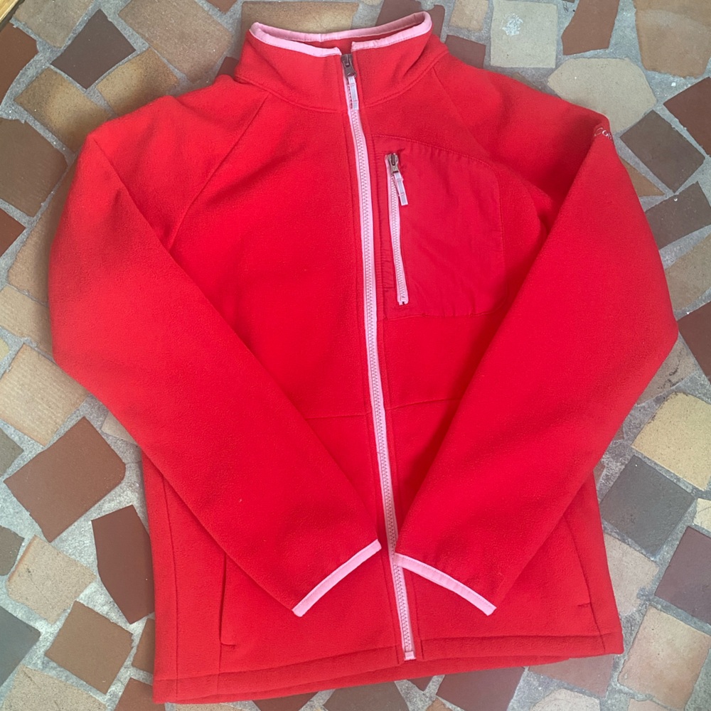 Columbia Girl’s Fast Trek Fleece Jacket In Red With Pink Trim